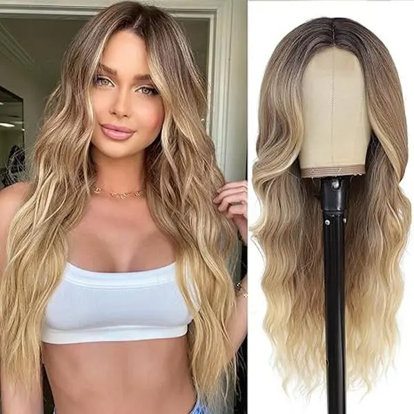 Ombre Blonde Wavy Wig for Women Long Middle Part Curly Wavy Wig Natural Looking Synthetic Heat Resistant Fiber for Daily Party Use