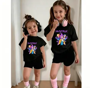 Kids Huntrx Character Print Short Sleeve T-Shirt, Girls Casual Fitted Crew Neck Tee, Premium Soft Fabric, Vibrant Cartoon Graphic, Comfortable & Durable, Ideal for Daily Wear, School, Travel & Weekend Adventures, Youthful Style for Young Girls