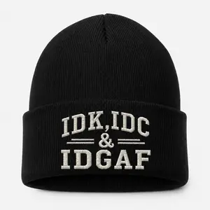 New Arrival IDK IDC & IDGAF Embroidered Cuff Beanie, Funny Gen X Knit Cuff Beanie, Warm Winter Streetwear Beanie for Sarcastic Attitude Style