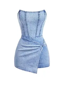 Women's Halter Waist Denim Skirt Pants, Asymmetrical Wrap Mini Dress Jumpsuit, Fashion Versatile Street Style, Trendy Casual Wear, Fitted