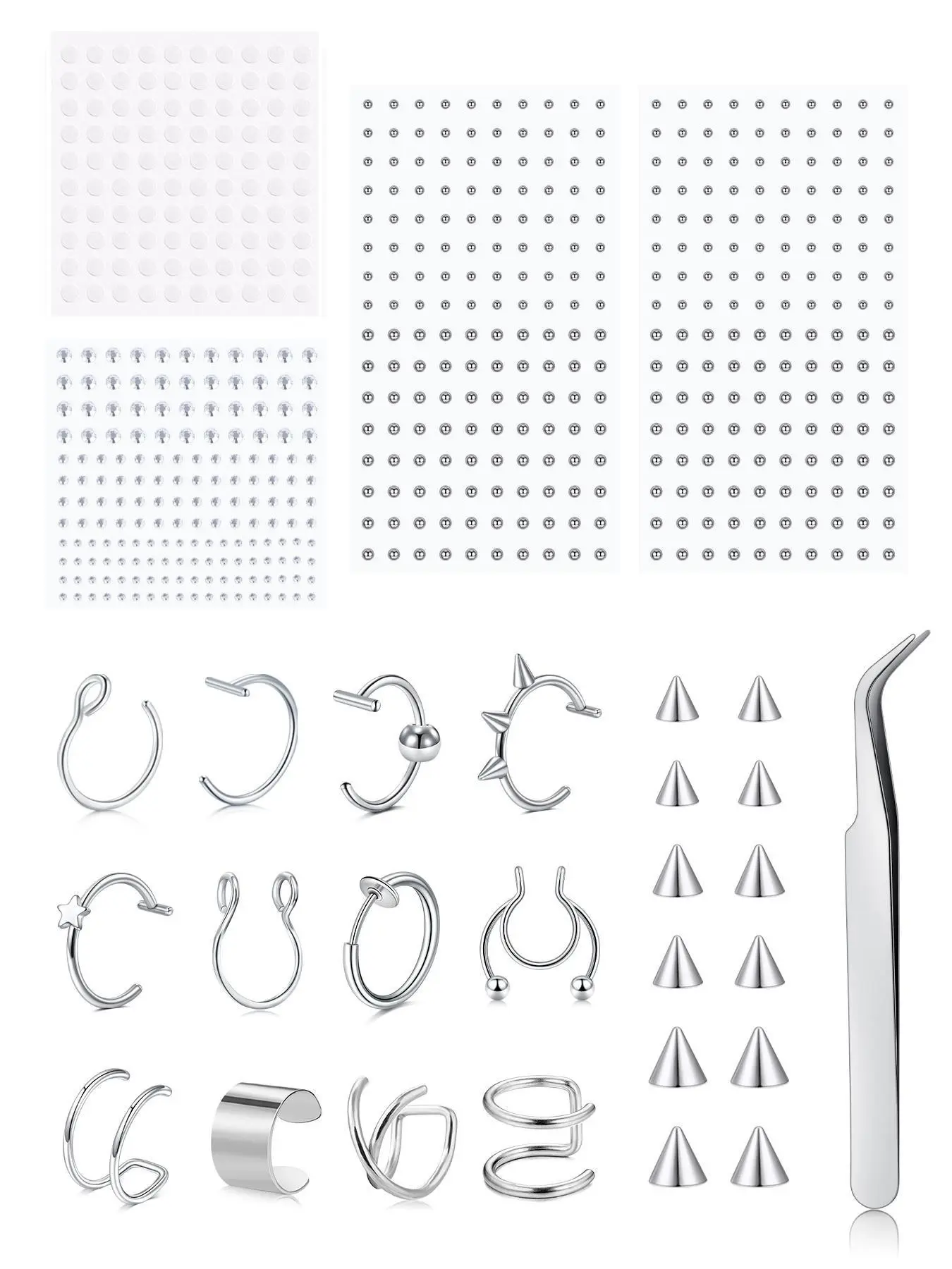 Face Gems Fake Piercings, Fake Lip Ring Fake Nose Rings Faux Nose Ring Nose Hoop Fake Eyebrow Piercing Fake Lip Piercing Self-Adhesive Face Sticker Fake Piercing Balls Silver Cool Punk Y2k Halloween Makeup For Women Men
