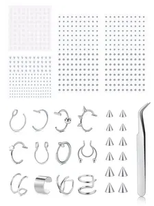 Face Gems Fake Piercings, Fake Lip Ring Fake Nose Rings Nose Hoop Fake Eyebrow Piercing Fake Lip Piercing Self-Adhesive Face Sticker Fake Piercing Balls Silver Cool Punk Y2k Halloween Makeup For Women Men