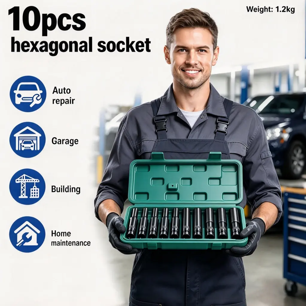 Heavy Duty Deep Impact Socket Set 10 Sizes 8-24mm 1/2 Drive, Metric Long Sockets for Impact Gun Wheel Nut Removal, Professional Garage Automotive Repair Tool Kit with Organizer Case