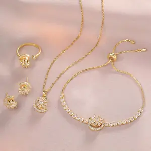 Jewelry set necklace + bracelet + ring + earrings, trendy flower rotating earring, ring, necklace, bracelet, clavicle chain jewelry