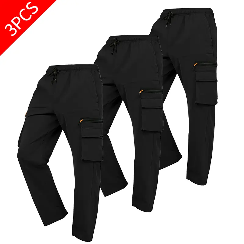 Men's 2pc Jogger Cargo Pants in Military Green & Khaki Color, Elastic Waist Sweatpants with Pockets for Outdoor Work, Hiking, Yes, 2Pc Military Green, 2Pc Khaki Color, Elastic Waistband