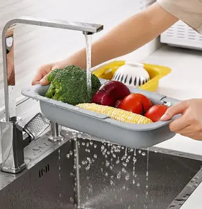 【Freylo】Over the Sink Colander Strainer Basket - Wash Vegetables and Fruits, Drain Cooked Pasta and Dry Dishes - Extendable - New Home Kitchen Essentials (Grey, 1 Pack)