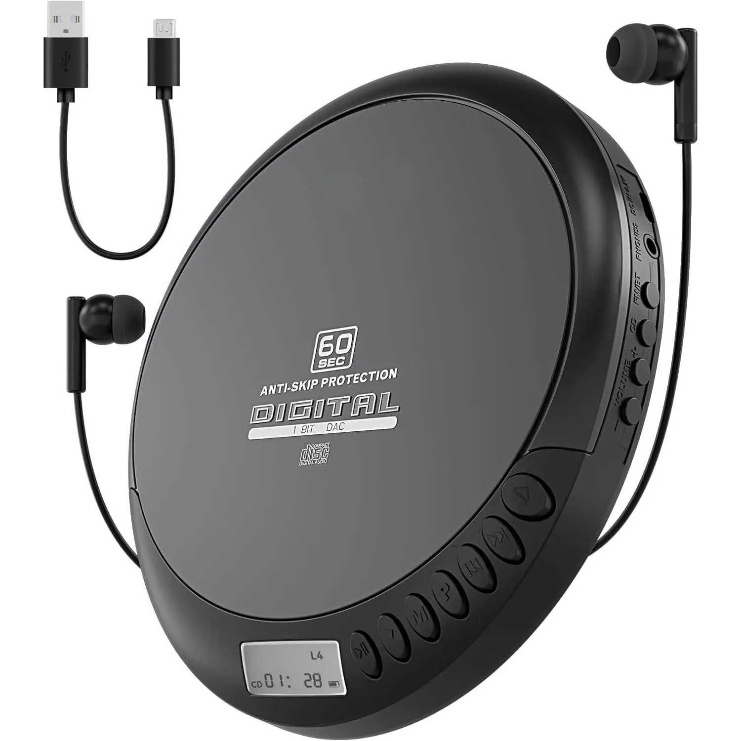 Portable Durable Audio CD Player - Compact Walkman-Style Disc Player with FM Radio, 60-Second Anti-Skip Protection, LCD Display, Stereo Earbuds & USB Power, Ideal for Travel & Home Use