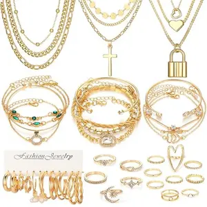 41PCS Gold Jewelry Set for Women, Hoop Earrings, Stackable Knuckle Rings, Multi Layer Pendant Necklaces, Bracelet, Fashion Accessories for Women Gifts