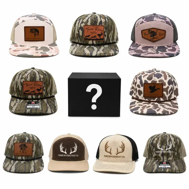 Three Rivers Hat Collection One Hat Sent, Leather Patch/ Embroidered Hunting/ Fishing Theme Snapback Gift for Hunters, Camo 7 Panel Snapback Gift