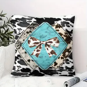 Luxurious Cow Print Design Bow Throw Pillow with Digital Print Design, Contains Pillow Core,Featuring Turquoise Gemstones Perfect for Living Room and Bedroom Decor, Soft and Comfortable Cushion, 45cm Square Decorative Pillow