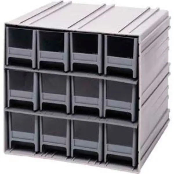 Quantum Storage Systems B382246 QIC-122 Plastic Interlocking Storage Cabinet - 12 Ivory Pre-assembled Drawers, Recessed Handle, Slotted Label Holder, Pre-drilled Holes, Interlocks, 11" H x 11.375" W x 11.75" L
