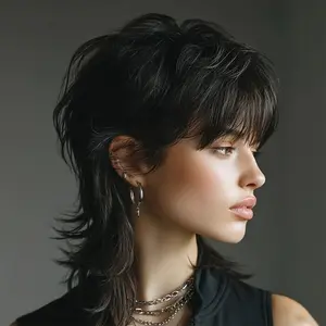 New Wholesale Arrivals Human Hair Mullet Wig with Bangs Straight Pixie Cut Mullet Wigs Layered Remy Hair Wolf Cut Wig for Women Textured Wolf Wig with Fringed Layers Cosplay Party Halloween Daily Use, Costume Accessory, Festival Hairpiece, Trendy Mullet,