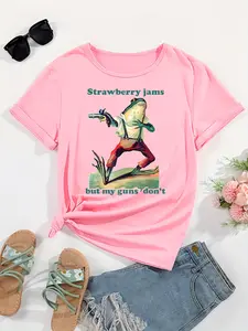 Women's Casual Short Sleeve T-Shirt with Knot, "Strawberry Jams but My Guns Don't" Cartoon Print, Vintage-Inspired Creative Graphic Top