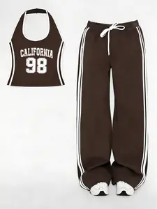 Women's Casual Sportswear Set, Athleisure Summer Clothes, Halter Top and Long Pants Two-Piece, California 98 Pattern Print, Spring Summer