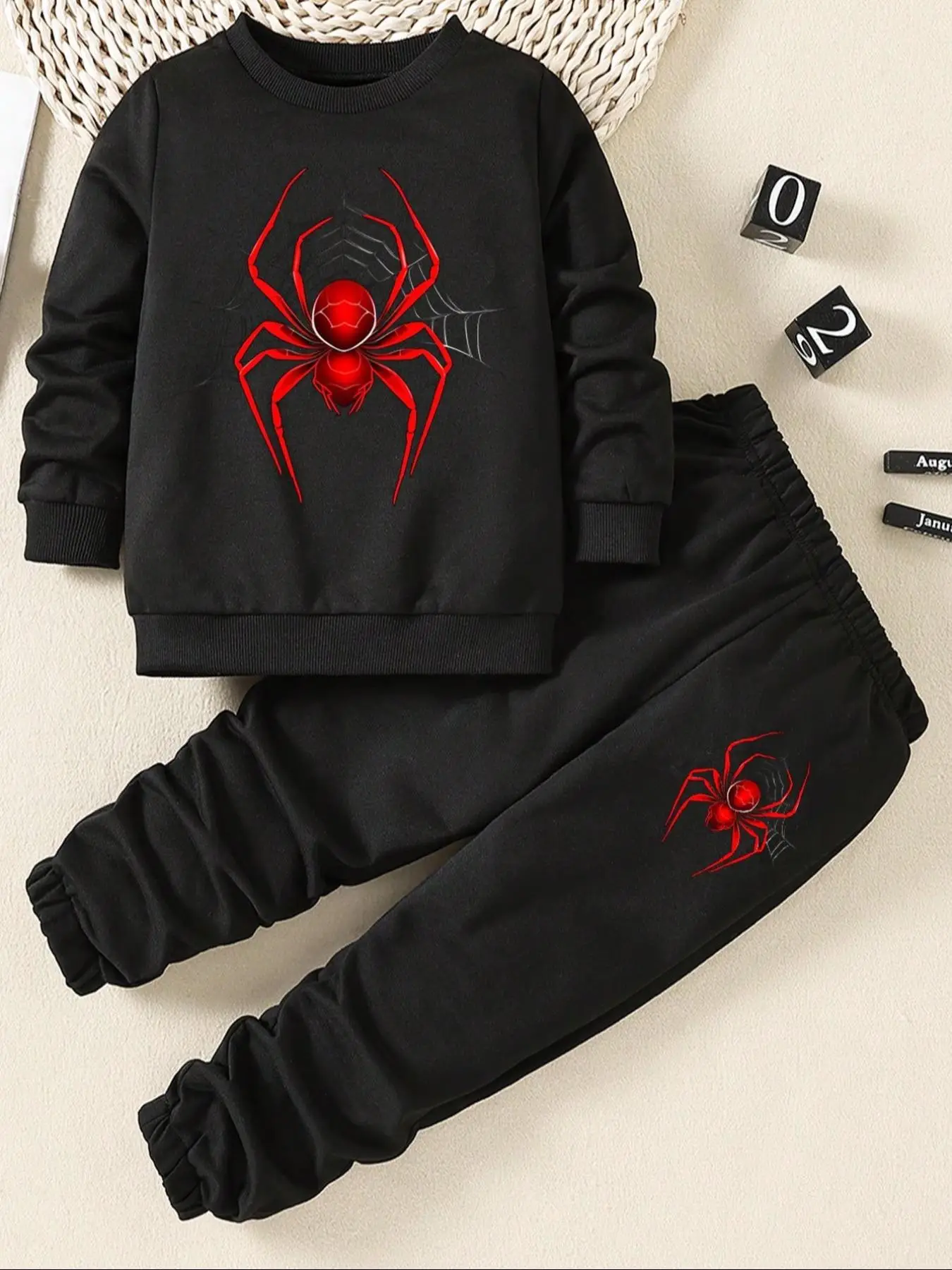 Two-Piece Set Boy's Spider Print Sweatshirt & Elastic Waist Sweatpants Set, Casual Long Sleeve Round Neck Pullover & Jogger Pants for Fall & Winter, K