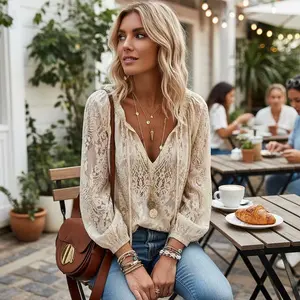 Women's Elegant Lace Hollow Out Deep V Neck Blouse - Soft Fabric Boho Style Pullover Shirt for Spring Summer Casual Wear, Formal Office Outfits, White Female Tops with Comfortable Breathable Design Perfect for Daily Fashion(Sheets)