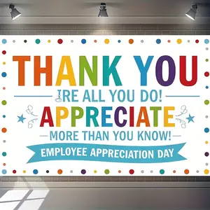 Employee Appreciation Day White Vinyl Backdrop, Thank You Design with Colorful Dotted Circles & Stars, Ideal for Photography, Holiday Decor, Wall Display, Coworker Gift