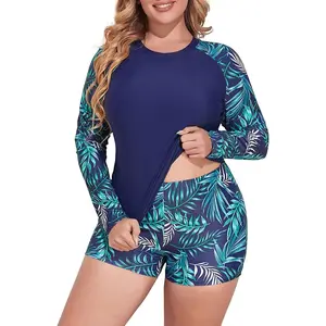 Women Plus Size 2 Piece Long Sleeve Rash Guard Swimsuit Swim Shirts Top UPF 50+ with Boy Short Swimwear