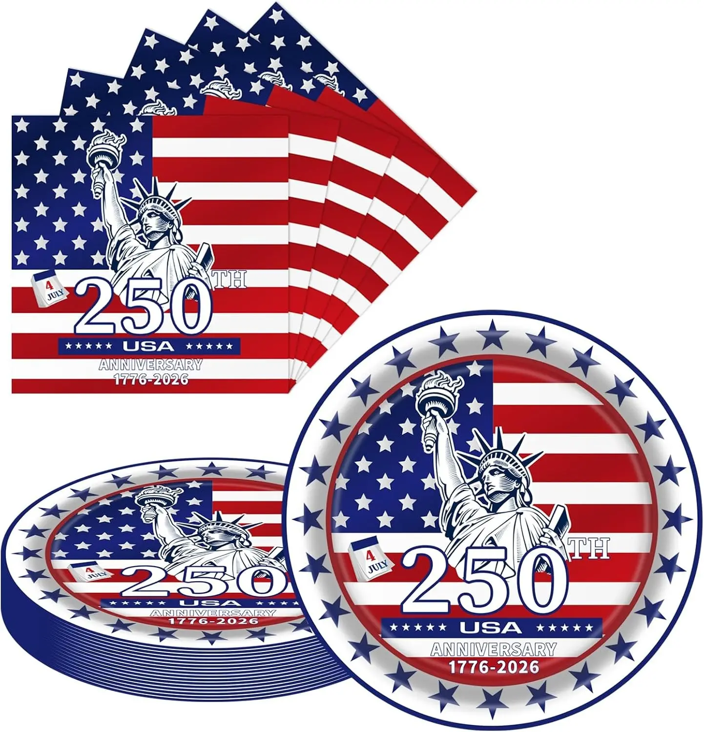 9 Inch Paper Plates and Napkins Set, Red White Blue Patriotic Disposable Tableware for America 250th 4th of July Independence Day Party Supplies Decorations