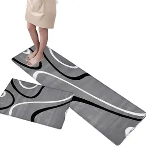 1 Set of 2 Grey Geometric Kitchen Mats, Non-Slip and Moisture-Wicking Runner Rugs, Polyester Rectangular Area Rugs for Home, Living Room, Bedroom, Bathroom, Laundry Room Decor, Machine Washable, Bathroom Mat