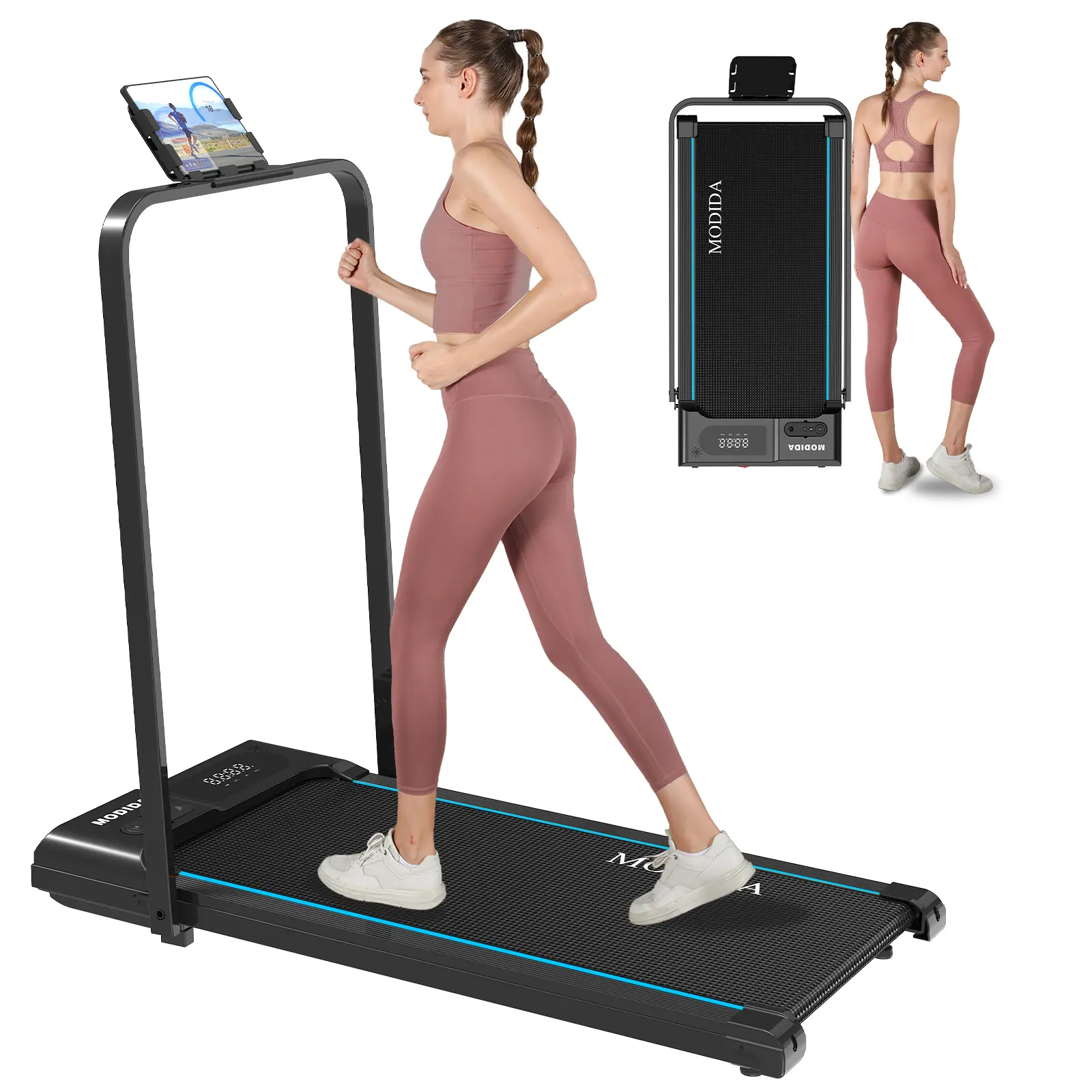 MODIDA Walking Pad Treadmill with Handle Bar, 1.5HP Brushless Motor, 5% Manual Incline, 1.0-8.0KM/H Adjustable Speed, 6 Shock Absorbers & 6-Layer Running Belt, 220LBS Capacity, LED Display & Tablet Holder