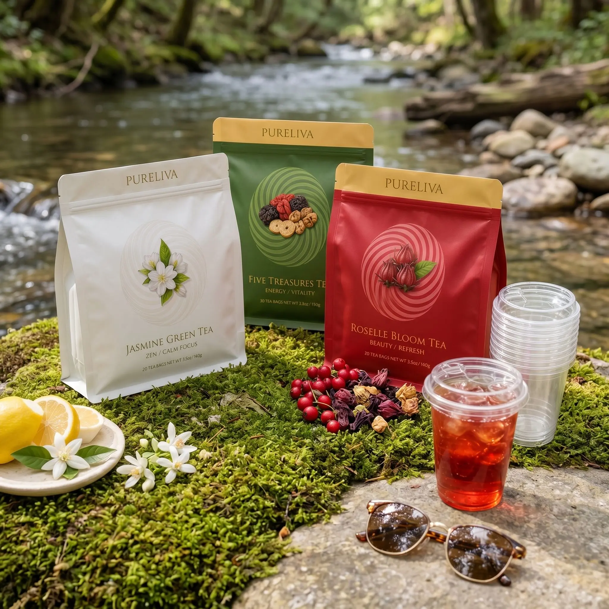 PURELIVA Sugar-Free 0-Calories Organic Scented Botanical Health Tea Bags - 5 Treasures, Lemongrass, Roselle Bloom, Jasmine Green Tea Blend (20 Bags), Organic Tea Bags, Scented Tea