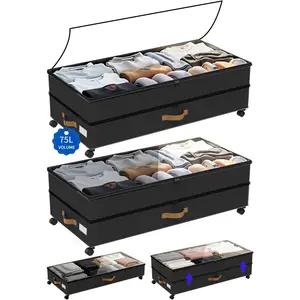 Bed with Wheels 2-Pack, 75L XXL the Bed Containers Large, 12" Tall for Underbed with Lids, Rolling for Clothes, Shoes, (Black)