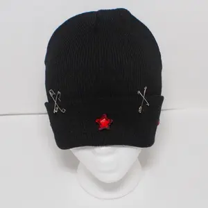 Star Beanie - Black Knit Beanie with Red Star and Crosses, Ideal for Cold Weather Wear