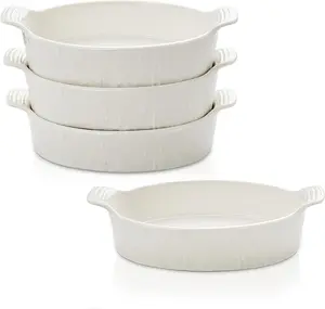 Oval Au Gratin Baking Dishes Set of 4 9" x 5" 19 oz Classic White Ceramic Oven Safe & Heat Resistant With Handles for Small Mini Casseroles Cooking & Serving