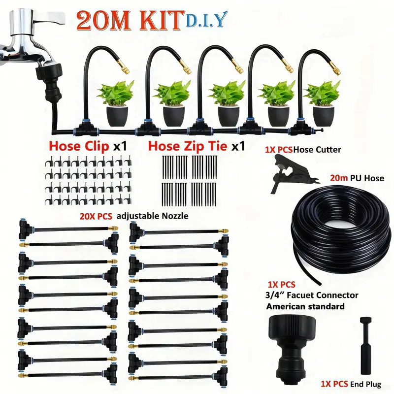 20M Universal Atomizing Nozzle Automatic Watering Kit with 7.87 Inch Rotating Copper Nozzle Balcony Rainforest Spray