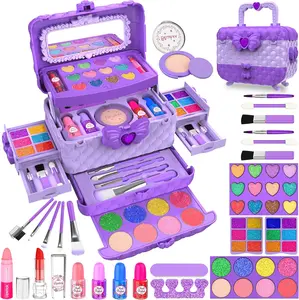 Mother Day 54 Pcs Kids Makeup Kit for Girls, Princess Real Washable Pretend Play Cosmetic Set Toys with Mirror, Birthday Gifts for 3 4 5 6 7 8 9 10 Years Old Girls Kids (Purple)