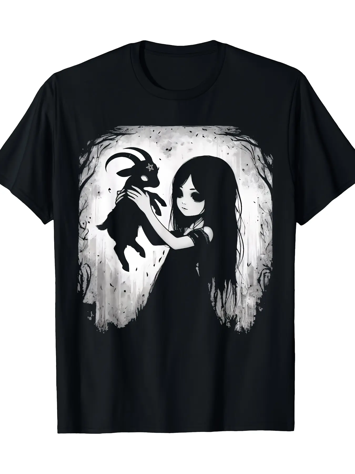 Black Goat Demon Baphomet Satanic Goth Dark Alt Aesthetic T Shirt Men'S Casual Short Sleeve Funny Graphic Tees T-Shirt Comfortable Casual Attire for Everyday Wear, Everyday Sportswear| Playful Print Tshirt| Comfortable Fit