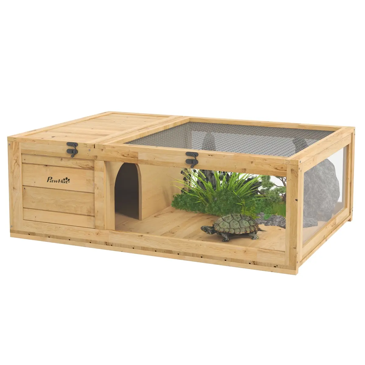 212 Main D40-012V00YL PawHut Wooden Tortoise Enclosure, Tortoise House, Indoor & Outdoor Turtle Cage with Top Access for Turtles, Lizards, Yellow