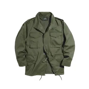 Men's pure cotton Classic vintage collared zip-up Long Sleeve jacket, M65 field work jacket, multi-pocket design, drawstrings at the waist and hem, suitable for daily casual outdoor activities in spring, autumn, and winter.