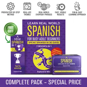 Learn Real-World Spanish for Adult Beginners: 7 Books in 1 + 100 Flashcards + Bookmark: Speak Spanish In 30 Days!