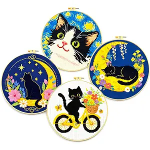Cat Stamped Cross Stitch Kits for Adults Beginners, DIY Animals Cross Stitch Patterns Printed Needlepoint Kits, Crafts Embroidery Kits for Home Decor Cat-Themed 4-Piece Set(69207)