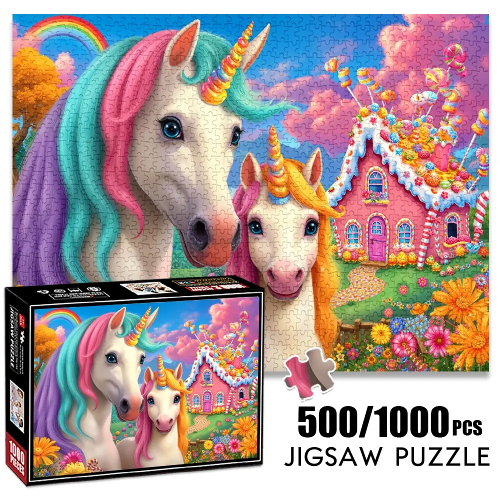 1pc 1000 piece adult puzzle 70x50cm Unicorns with Rainbow Manes and Candy - Themed House500 pieces of paper jigsaw puzzle, suitable for adults and families, large-scale DIY puzzle interactive toy