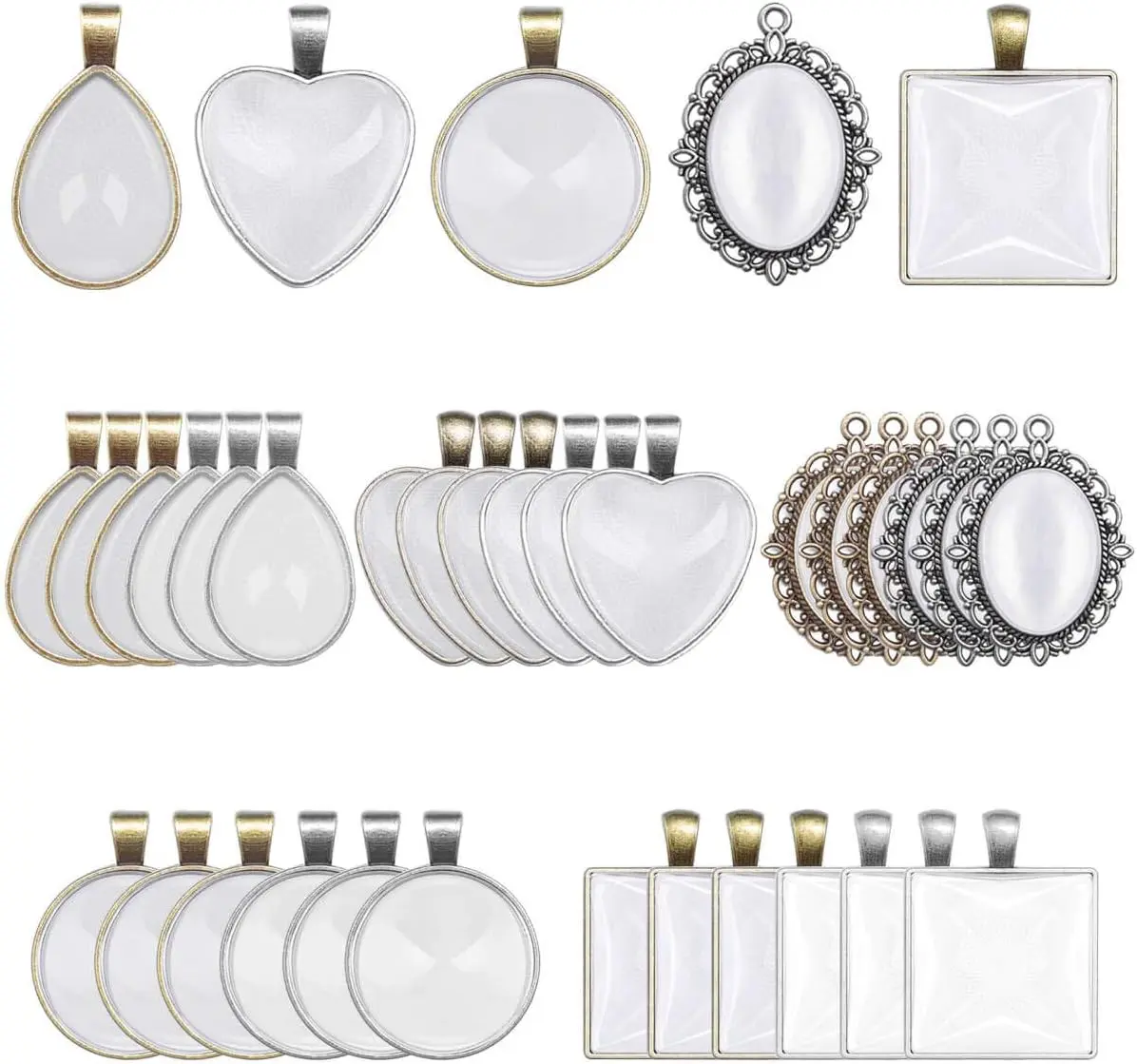 60Pcs Pendant Trays, Bezel Pendant Trays Blanks with Glass Cabochons for Pendants Making and Jewelry Making, 5 Styles