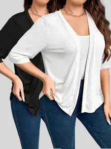Women's Casual Fitted Long Sleeve Cardigan Set, All-Season Plain Design, Comfortable Commute Wear, Versatile Plus Size