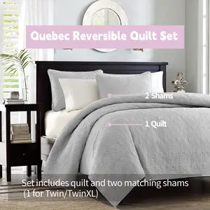 Madison Park Quebec Reversible Quilt Set Damask Design, Double Sided Stitching All Season, Lightweight Bedspread Bedding Set, Matching Sham, Full/Queen, King/Cal King, 3 Piece