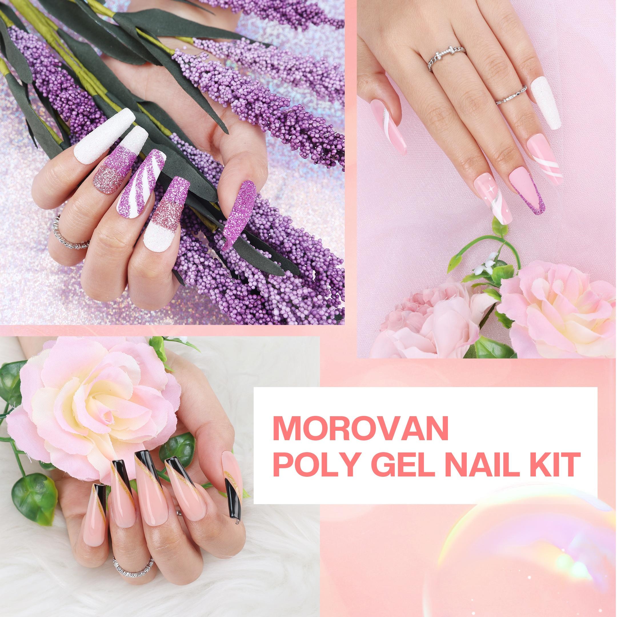 MOROVAN Poly Nail Gel & Glitter Powder Kit: Professional Nail Extension Set with Curing Lamp for Beginners and Artists
