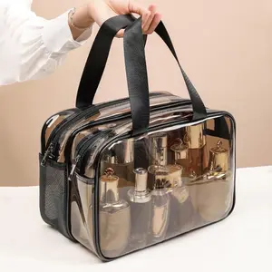 Clear Double-layer Travel Makeup Bag for Summer Makeup, 1 Count Large Capacity Portable Cosmetic Bag Toiletry Bag, Wet & Dry Uses Zipper Makeup Pouch, Travel Cosmetic Bags