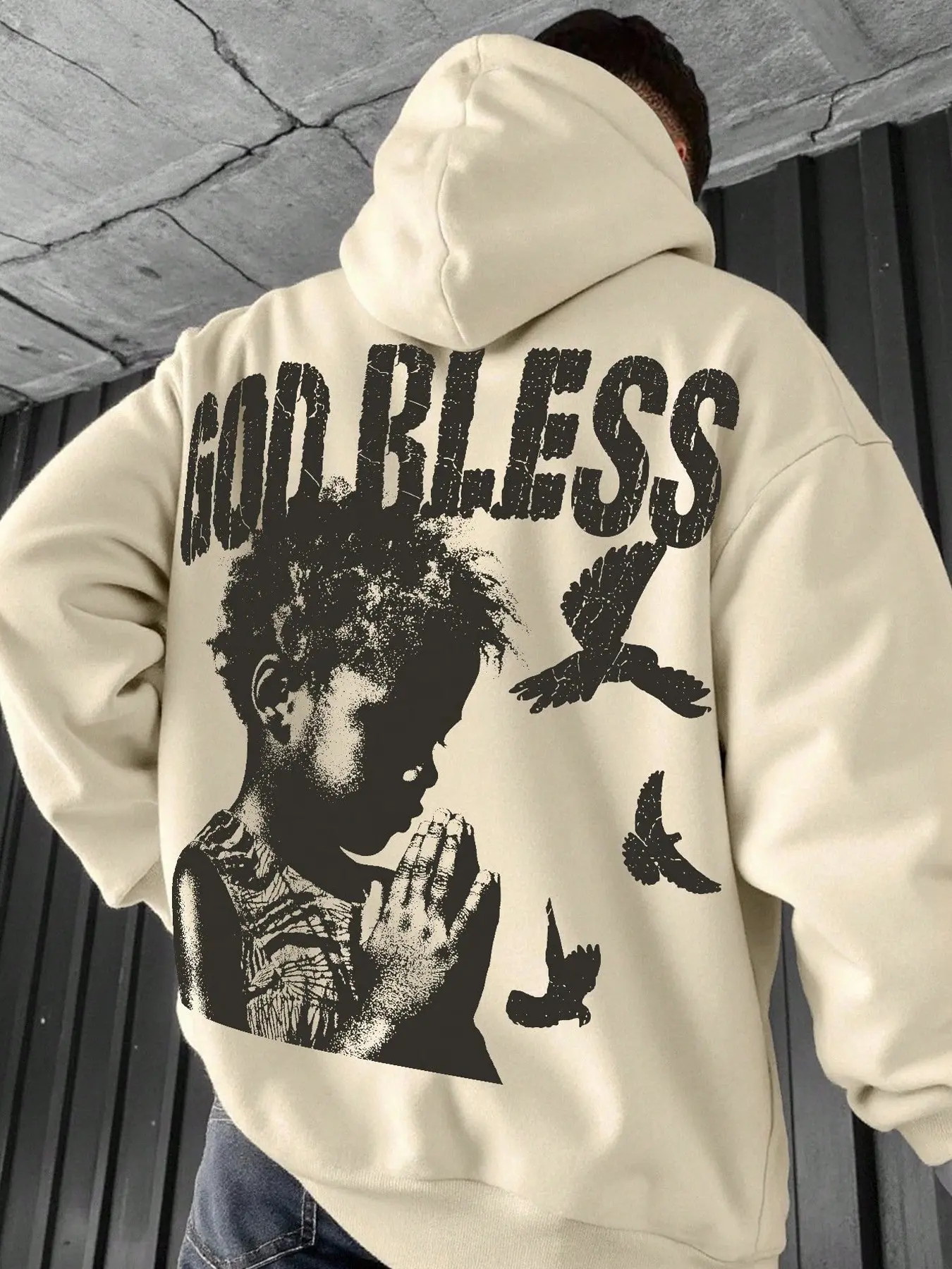 Men's Trendy Spiritual Graphic Print Hoodie, God Bless Vintage Print, Prayer & Peace Dove Design, Loose Oversized Fit, Casual Campus Wear