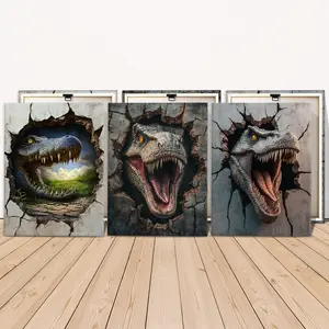 3 Counts Wooden Framed Canvas Painting, Ferocious Dinosaur Head Breaking Wall Images, Exquisite Artistic Poster, Perfect Living Room Decoration, Modern Art, Fashion Family Poster, Wall Art Decoration, Waterproof Art