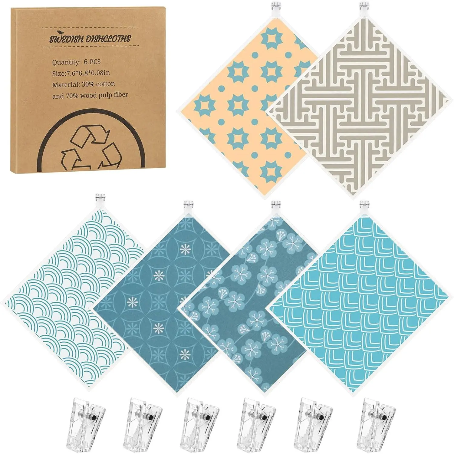 6 Pack Swedish Dishcloths for Kitchen,Swedish Rags Swedish Dish Towels with Clips, Dish Rags  Paper Towels Washable Absorbent Cellulose Sponge Cloths No Odor for Cleaning  Kitchen