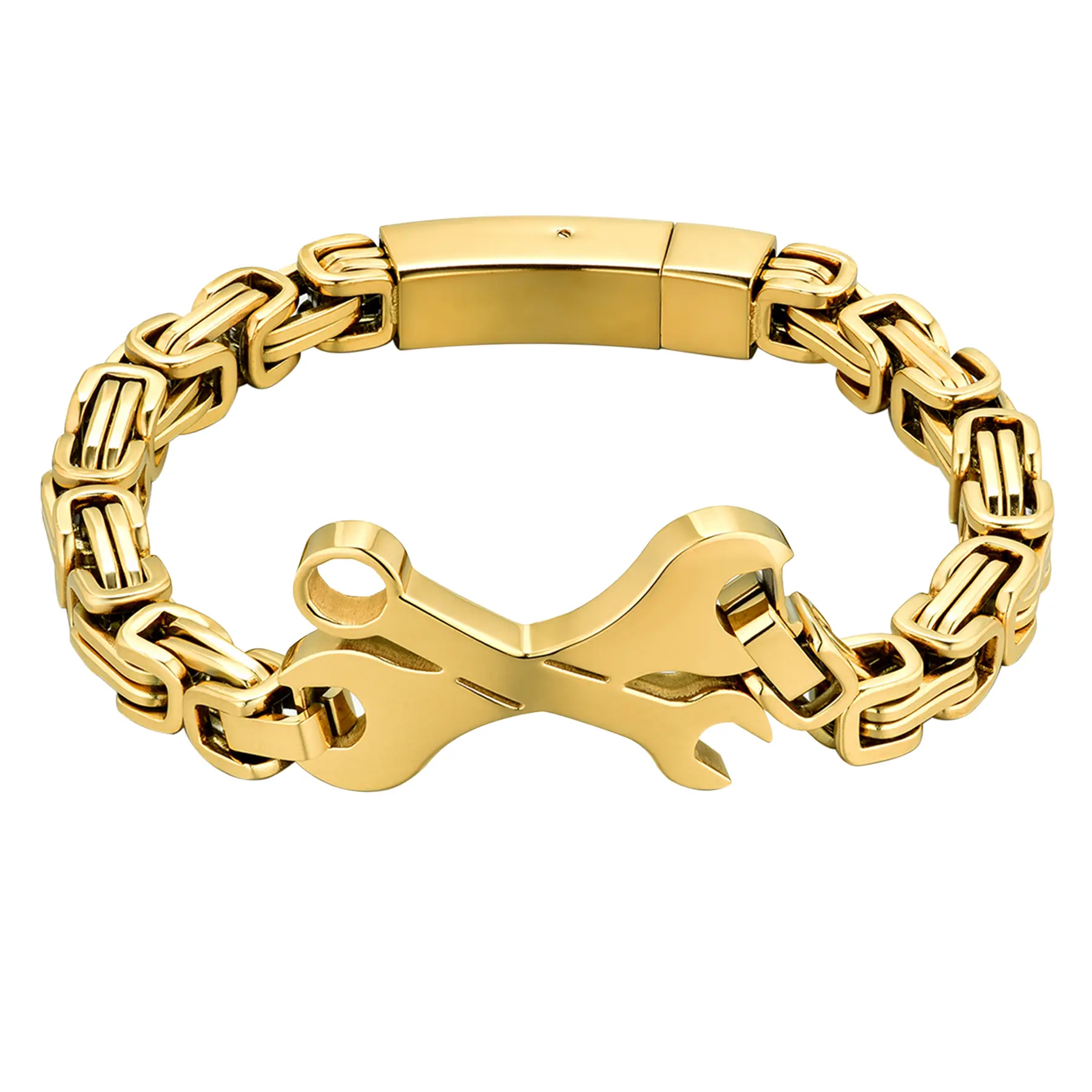 OIDEA Men's Stainless Steel Bracelet - Corrosion-Free, Bold Shine, Industrial Wrench-Shape Centerpiece, Gold/Silver Hip Hop Charm Bangle, 1.96 oz, 8.46" Length, for Mechanics, Daily Wear Gift