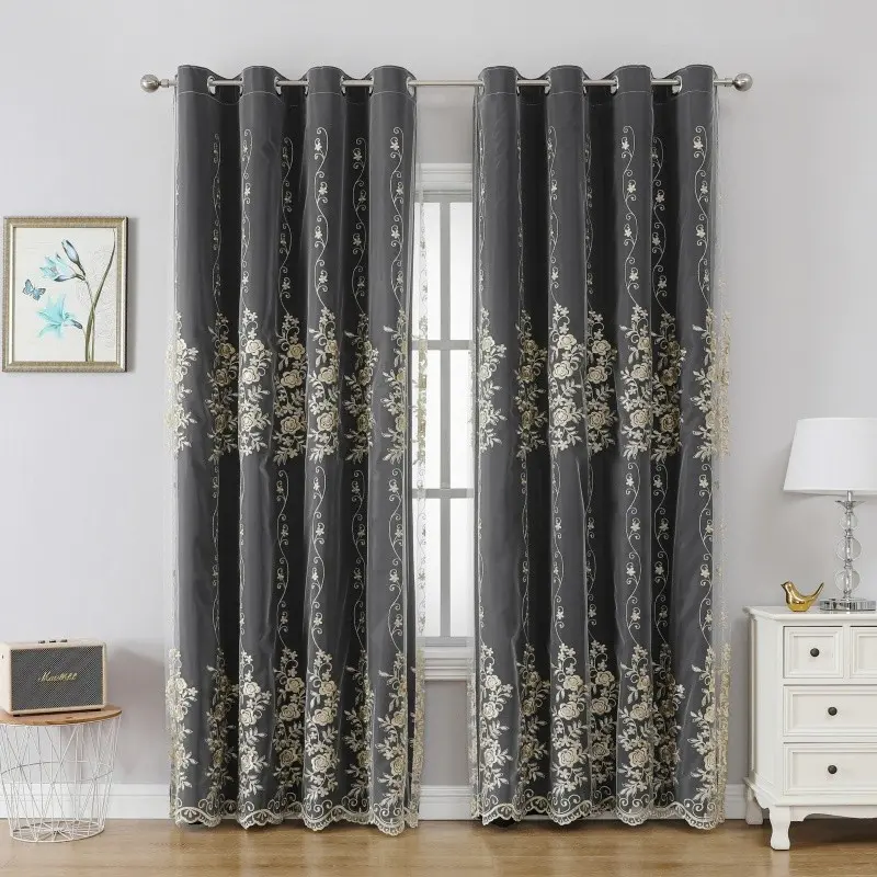 European Style Blackout Curtain, Luxury Embroidered Chenille Fabric, High-End Finished Window Covering for Bedroom & Living Room, Privacy Grommet Curtains
