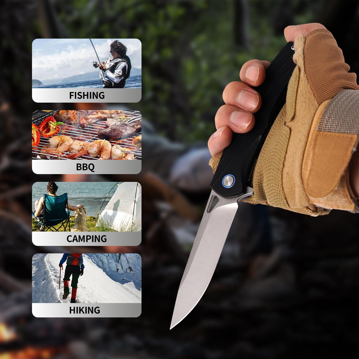 Outdoor Survival Folding Knife with Blue Accent，Premium EDC Folding Pocket Knife with G10 Handle, Ultimate Outdoor Survival Tool for Camping Hiking