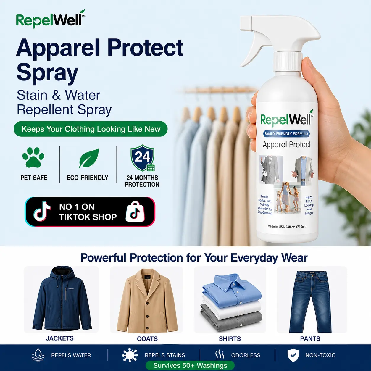 Apparel Protect Stain & Water Repellent Spray – Non-Toxic, Eco-Friendly, Pet-Safe Fabric Protector for Clothing, Jackets, Shoes, Bags & More