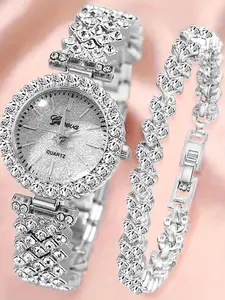 Women's Elegant Fashion Rhinestone Decorated Quartz Watch & Bracelet Set, Fashion Watch & Bracelet Set for Party, Daily Decor, Trendy All-match & Exquisite Watch Set for Gift, Jewelry Watch Set
